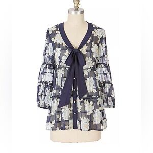 Anthropologie Blouse 6 ODILLE Floral FARAWAY Blue Tunic Tie Cotton Peasant NWT